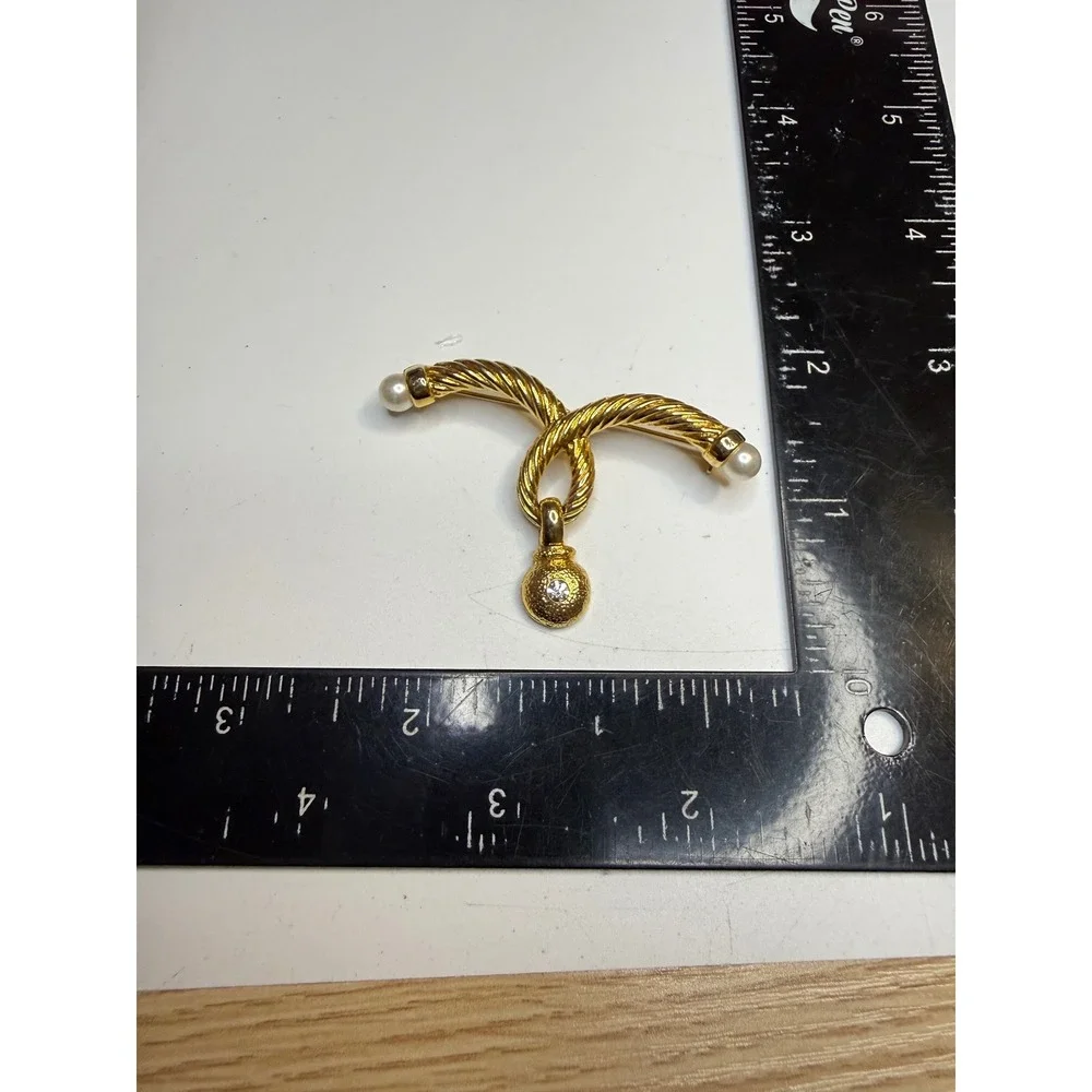 Gold Tone Twisted Rope Knot Brooch Faux Pearl Rhinestone Ball Drop Pin 2